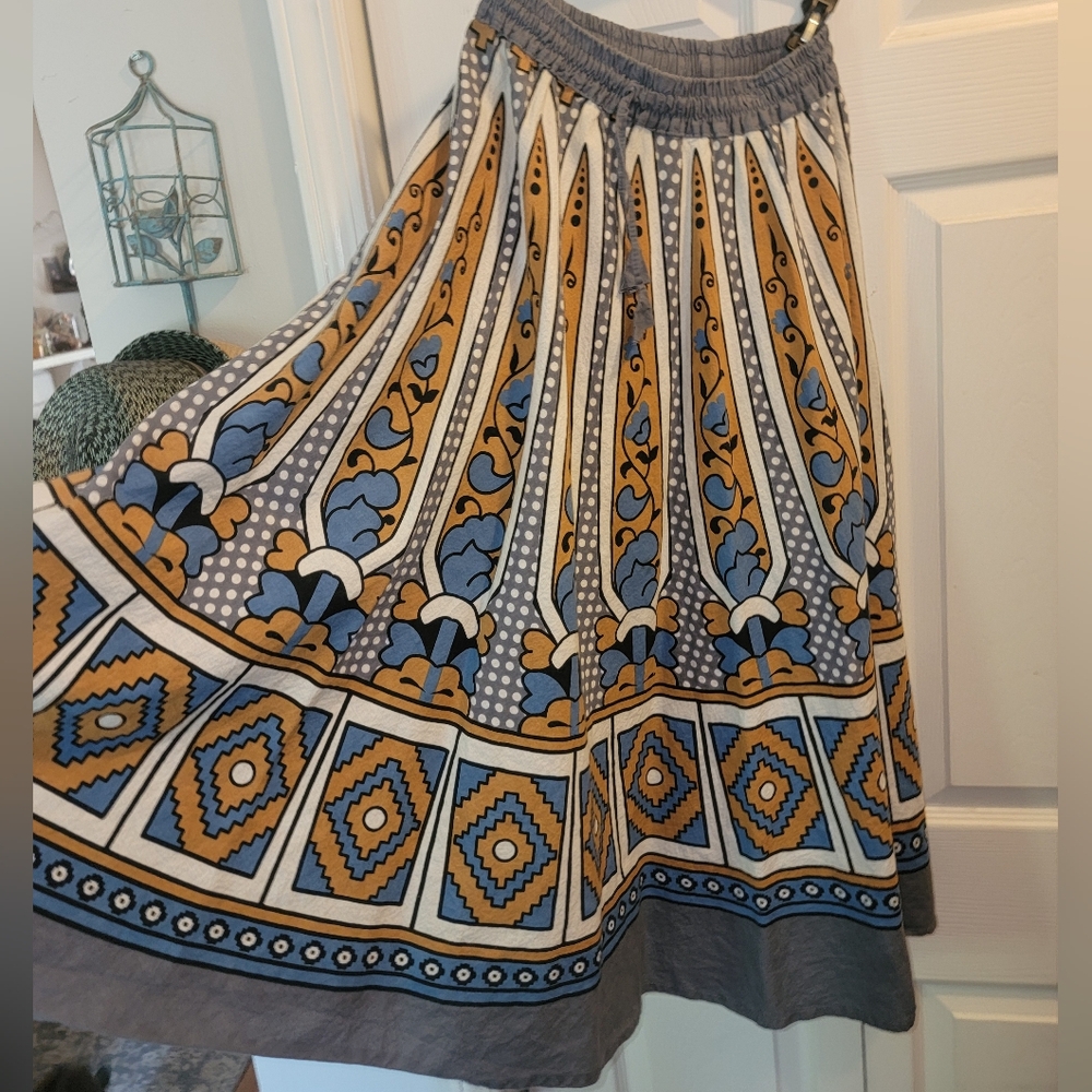 Bohemian Midi Skirt in Blue and Tan
